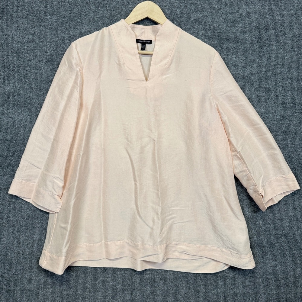 Eileen Fisher Size Medium Tunic Top Pink Silk Split Neck Minimalist Quiet Luxury